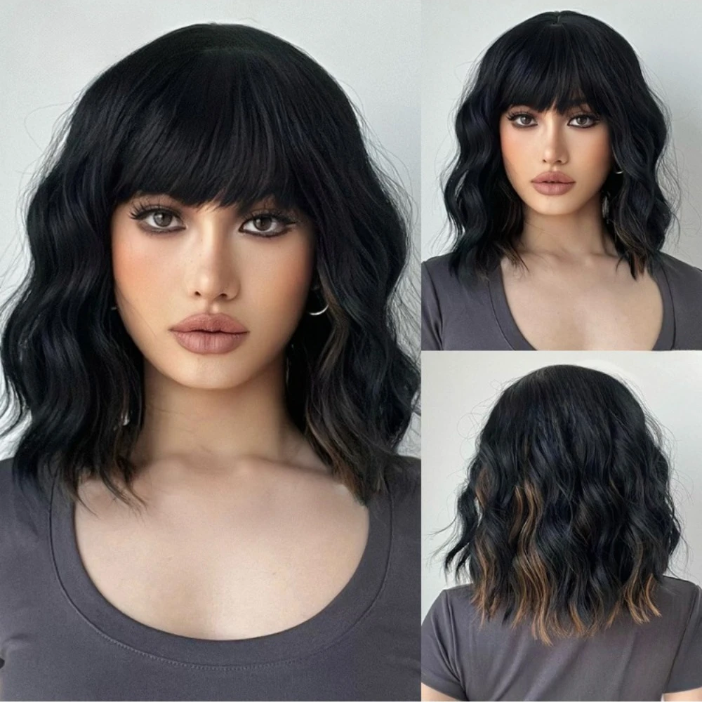 Short Black Wigs with Bangs 14Inch Wavy Curly Bob Wig for Women Shoulder Length Natural Looking Hair Replacement Wig