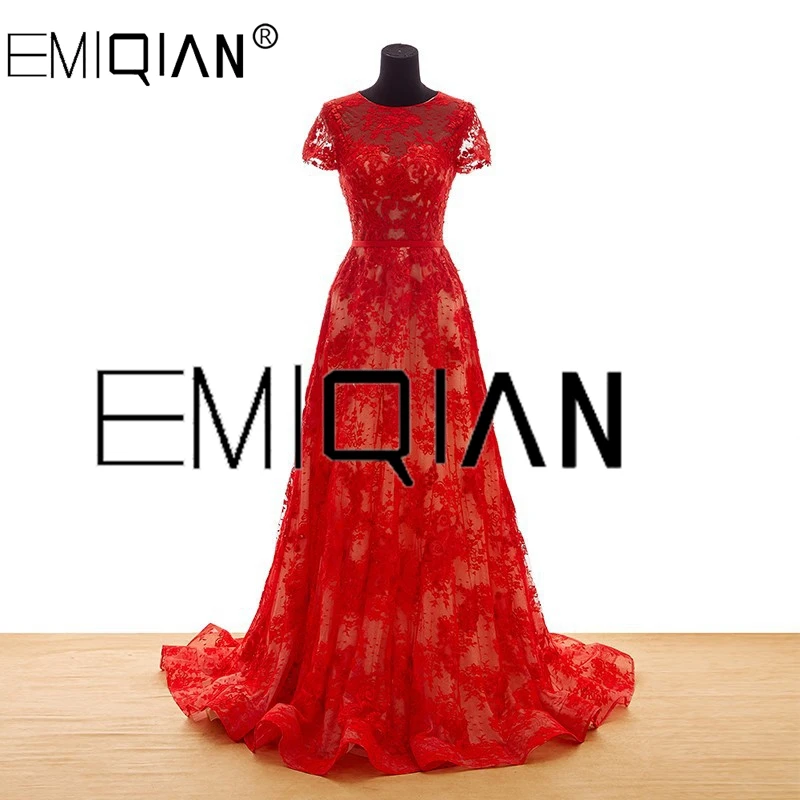 Real Photos Popular A Line Cap Sleeves Red Lace Evening Dress