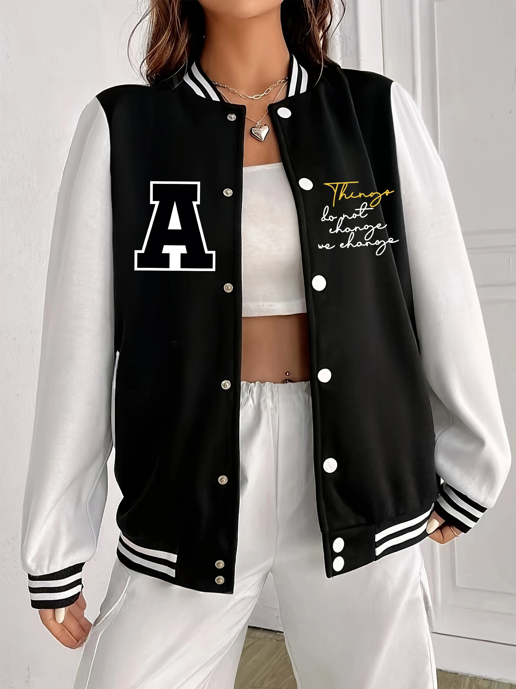 

Artistic Word And Letter A Print Jackets Women Autumn Warm Baseball Uniform Fleece Woman Oversized Streetwear American Clothing
