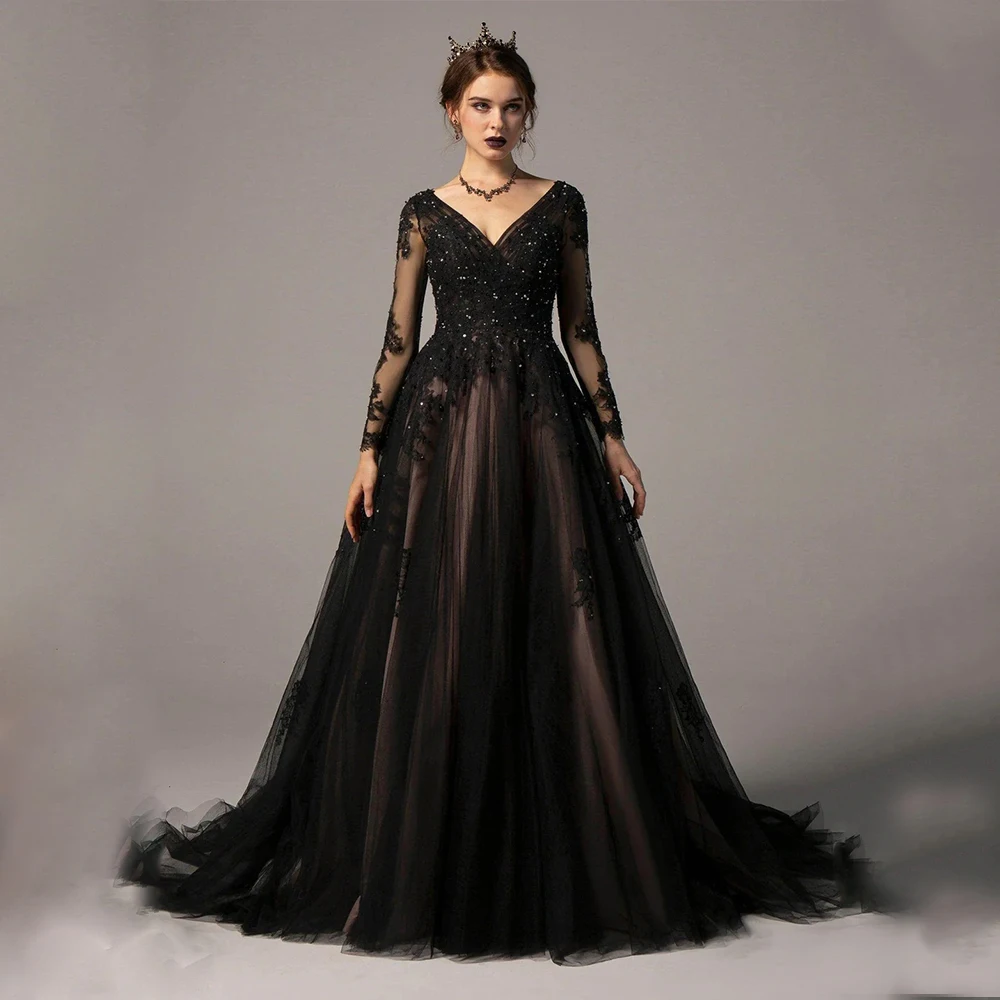 

Arya Classic Black Wedding Dress Lace for Floor-Length V-Neck Backless Prom Dress A-line Embroidery Robe De Soirée Customized