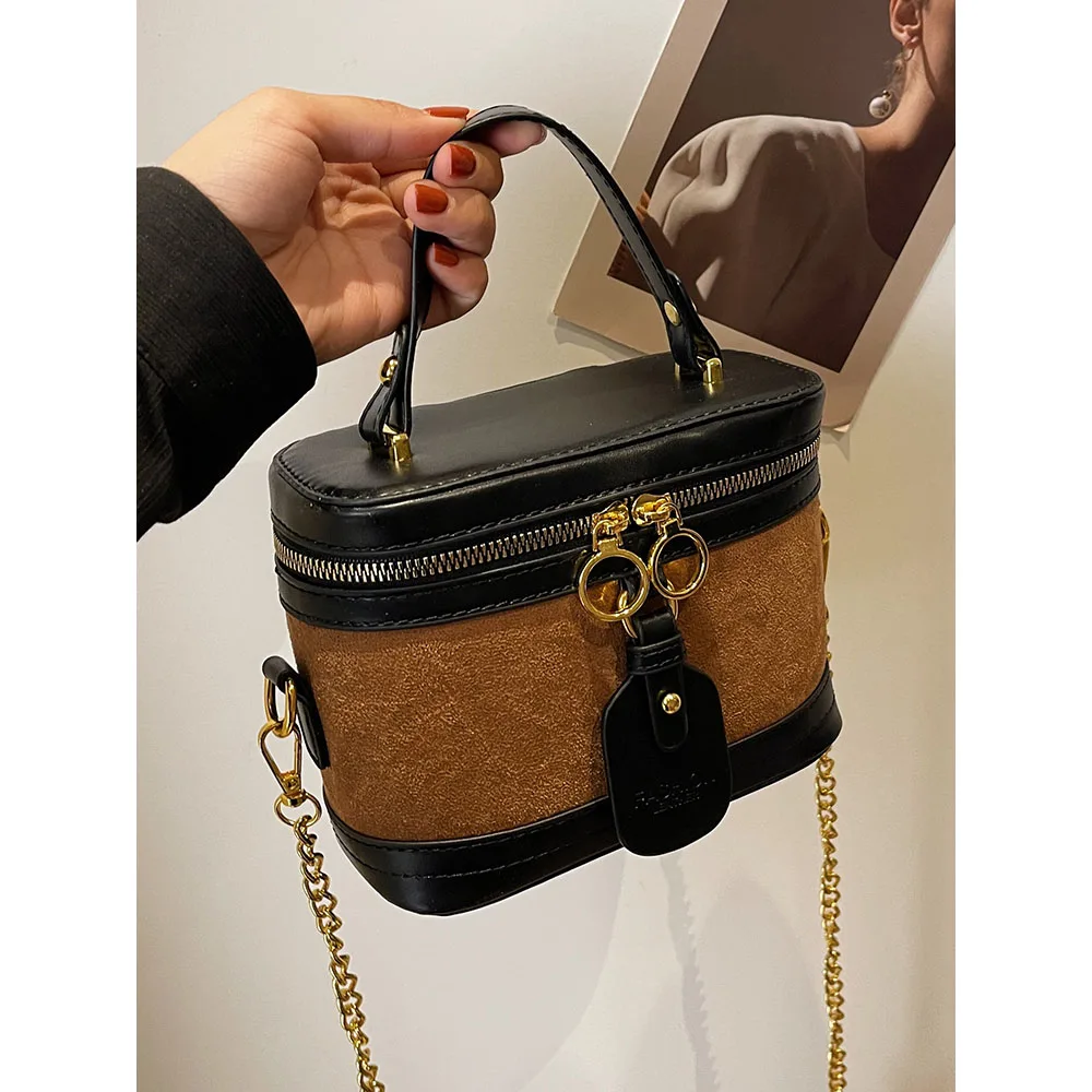 Retro Women Mini Square Handle Bags Contrast Color Pu Chain Shoulder Bags Female Casual Versatile Commute Crossbody Pack