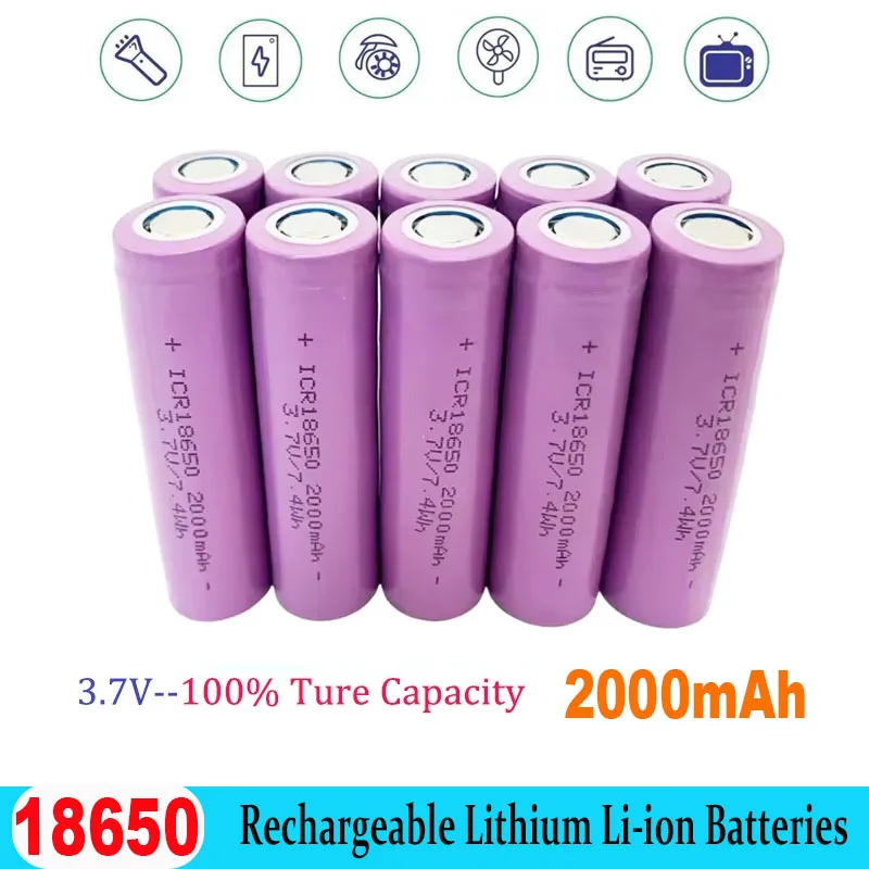 New ICR18650 Battery 3.7V 2000mAh 18650 Rechargeable Lithium Power Batteries for Flashlights Electric Heater Emergency Lighting