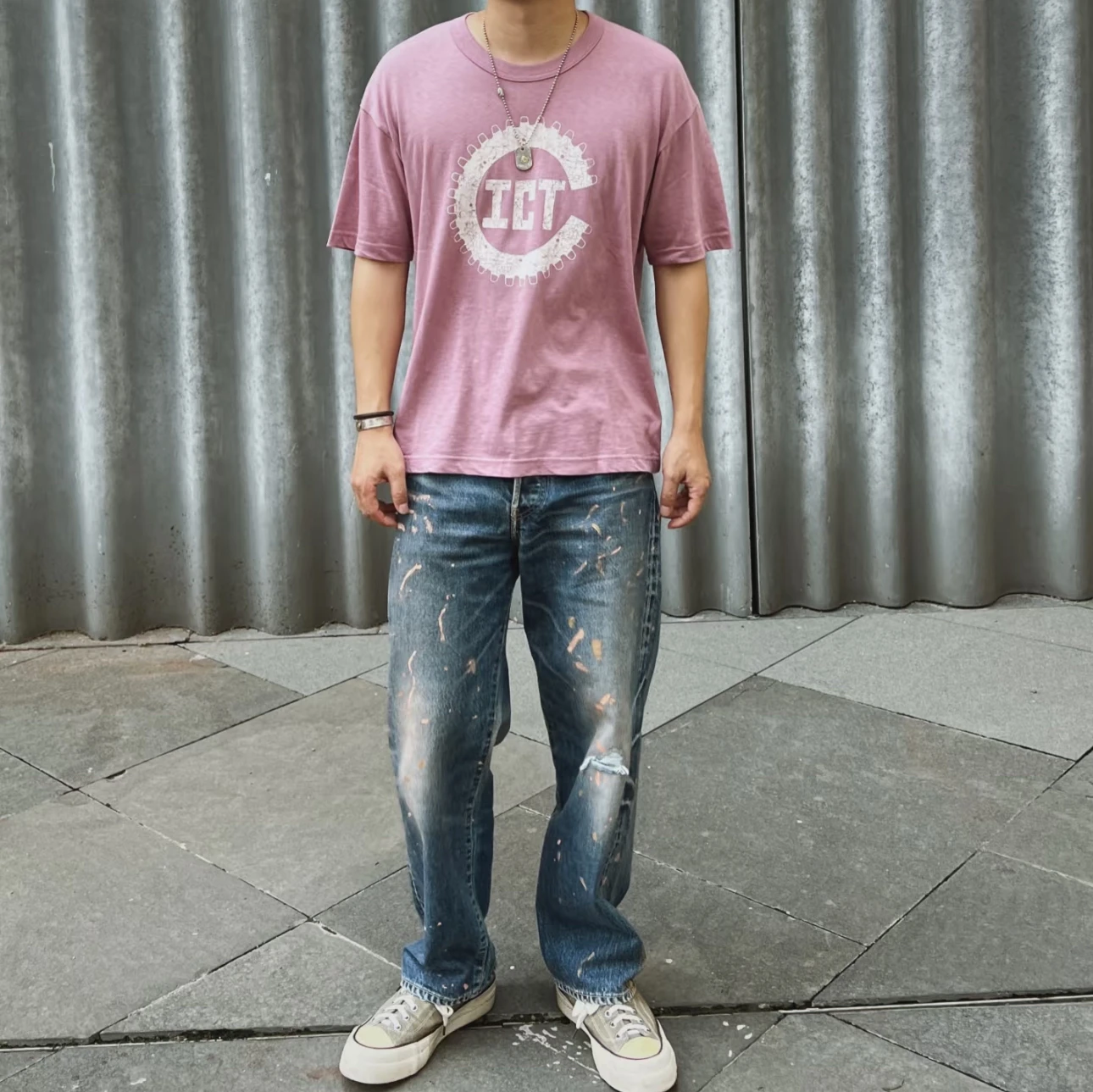 

New 2026 VISVIM KOFU ICT JUMBO TEE 24S gray powder purple crack print made old short-sleeved t-shirt