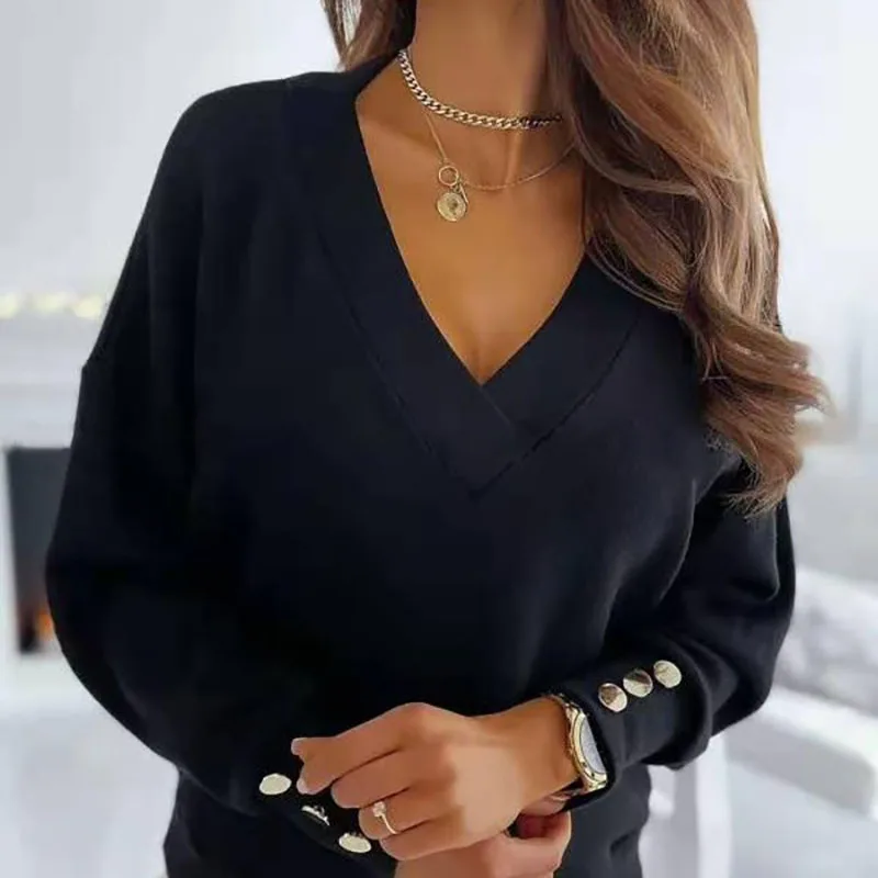 Nice 2023 Loose Women's Clothing Pullovers Jumpers Spring Autumn New Casual Loose Solid Button V-Neck Long Sleeve For Women Swea