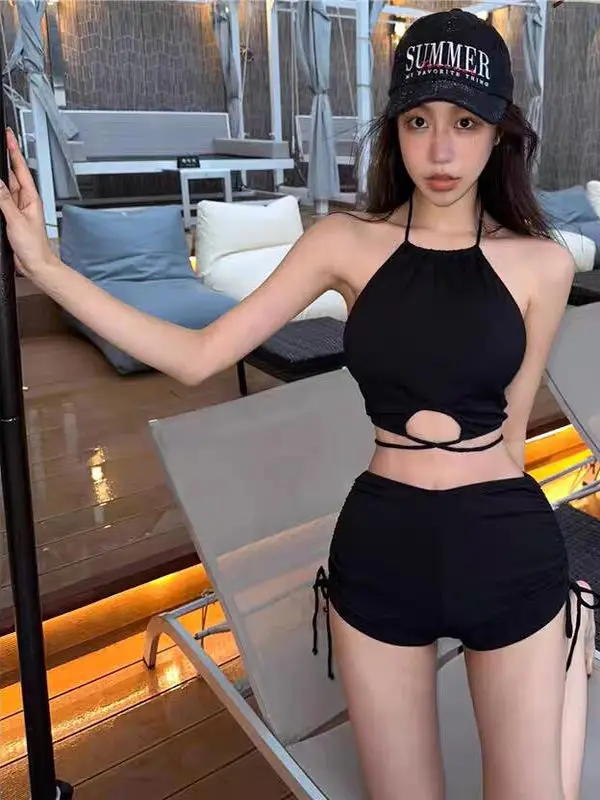 

Women's Two-Piece Swimsuit Hanging Ne Slimming Belly Cover High Waist Hot Spring Swimwear Flat Briefs Beach Playwear