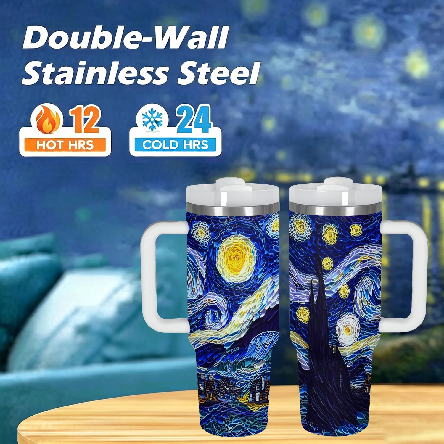 40oz Oil Painting Starry Sky Printed Vacuum Flask Stainless Steel Insulated Water Bottle with Handle Straw for Hot Cold Tumbler