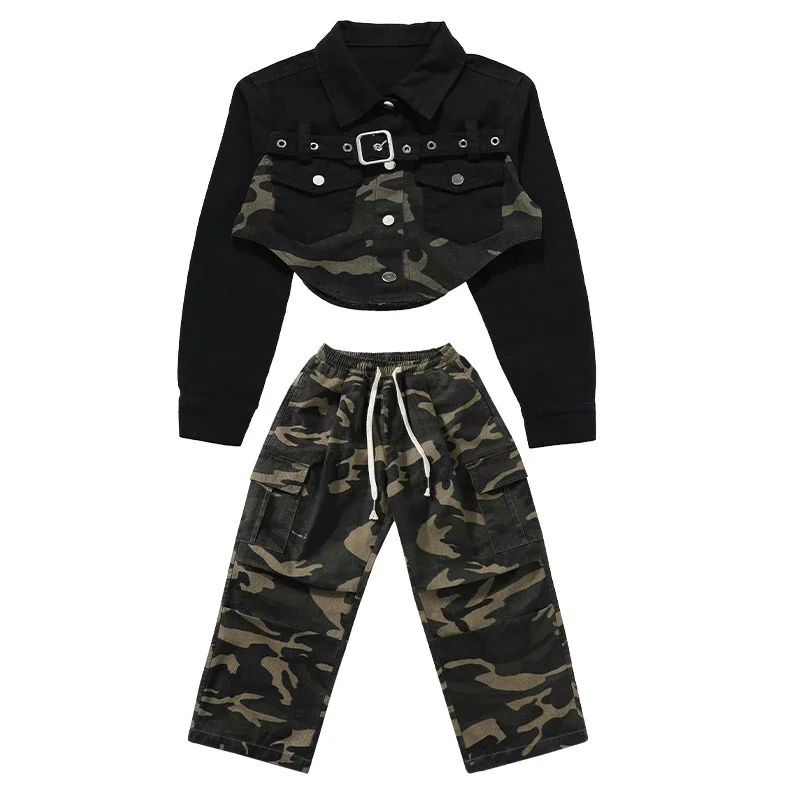 Suit Group Performance Clothing Rave Wear Jazz Dance Clothes For Girls Hip Hop Kids Dance Costume Camouflage Tops Pants