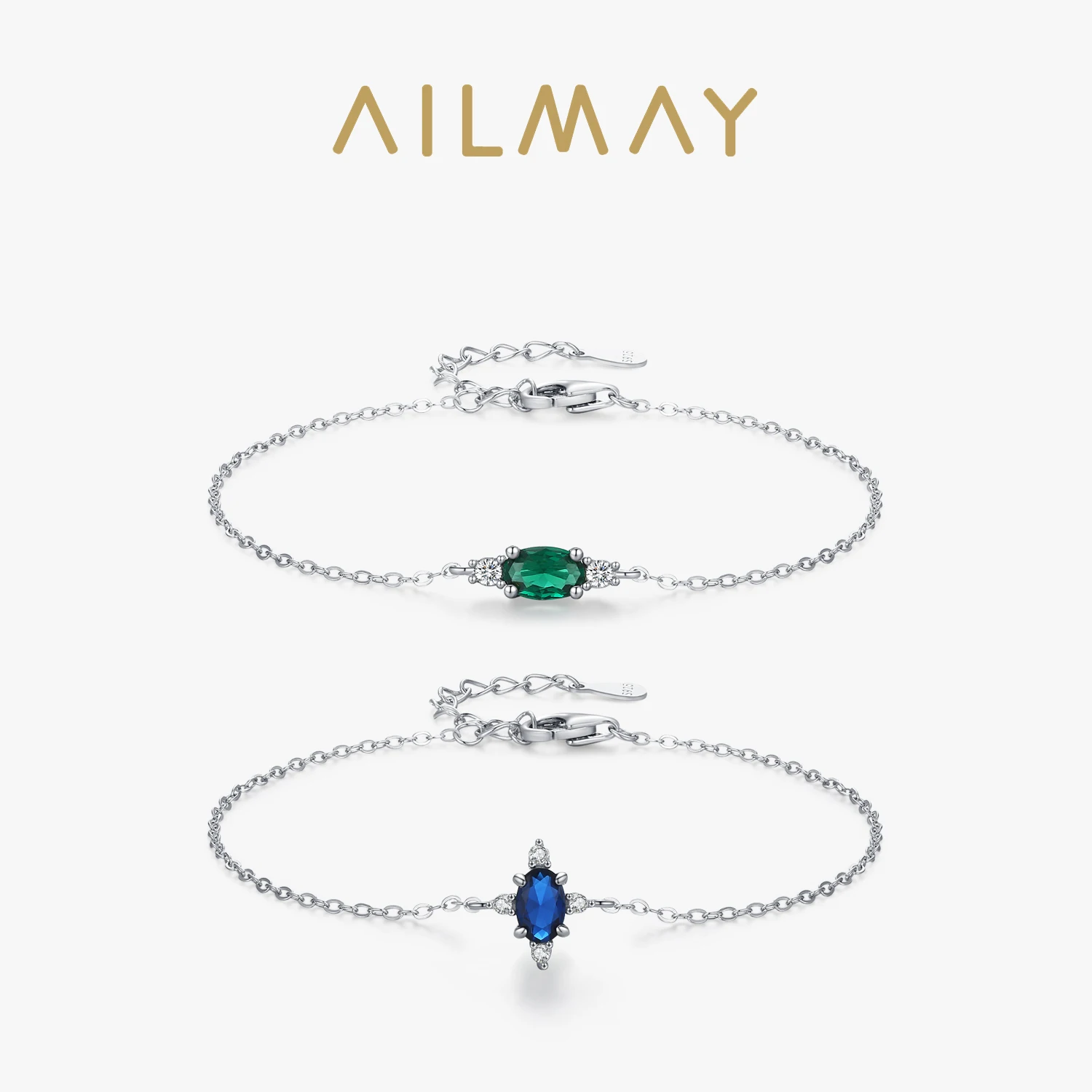 Ailmay 925 Sterling Silver Green Blue Oval Zircon Chain Bracelet For Women Simple Design Fine Hypoallergenic Jewelry