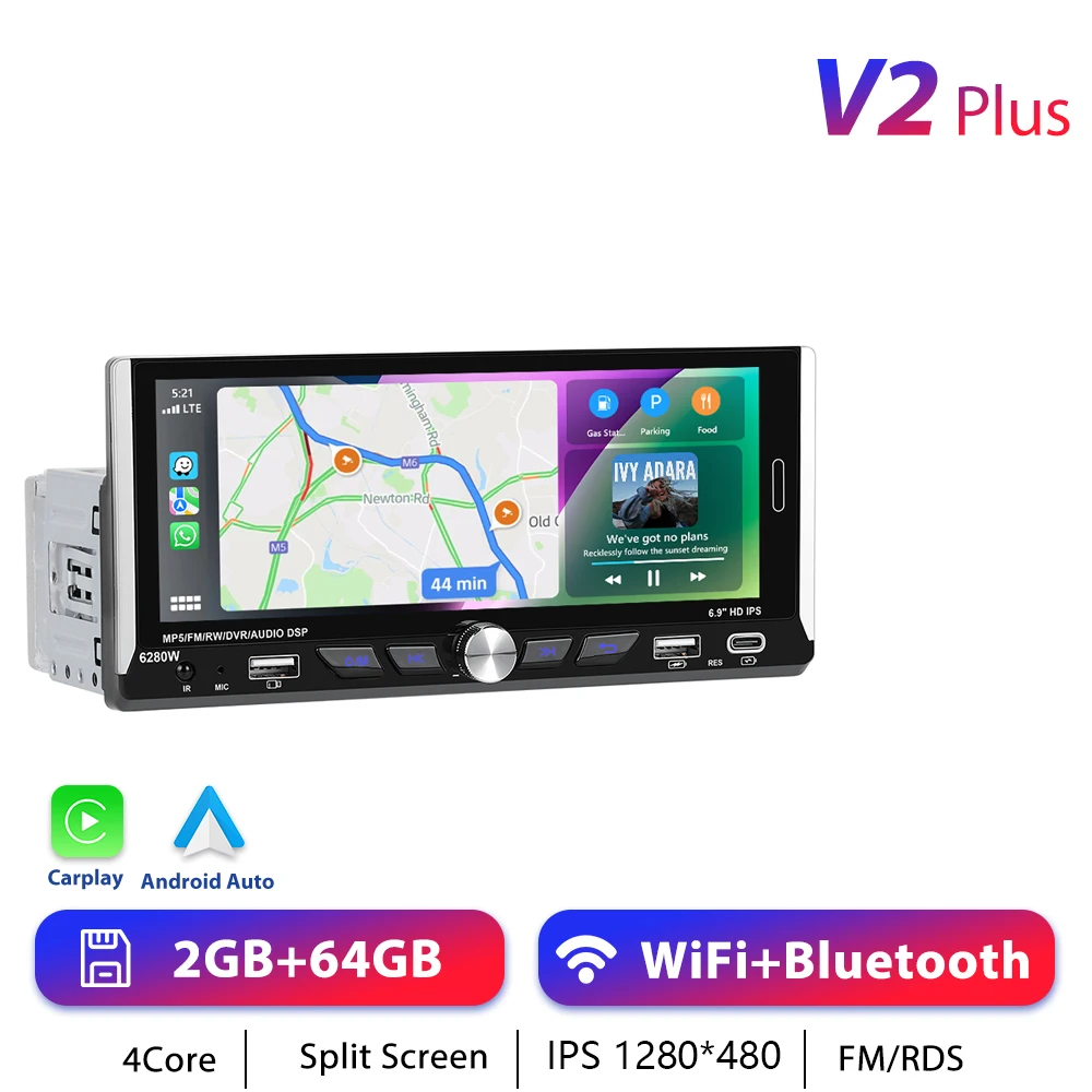 Podofo 1din Draadloze CarPlay Android Auto Radio 6.9 "Universeel 1DIN Auto Intelligent Systeem GPS Stereo Dashboard Head Unit RDS