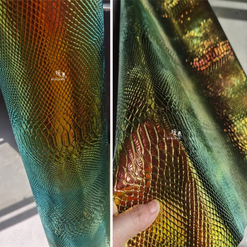 Laserowa odblaskowa tkanina skórzana złota zielona tekstura skóry węża DIY naszywki torba wystrój sceny ubrania typu Cosplay designerska tkanina