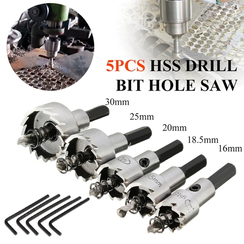 

2024 New 5Pcs Carbide Tip HSS Drill Bit Hole Set Stainless Steel Metal Alloy 16/18.5/20/25/30mm Woodworking Tools