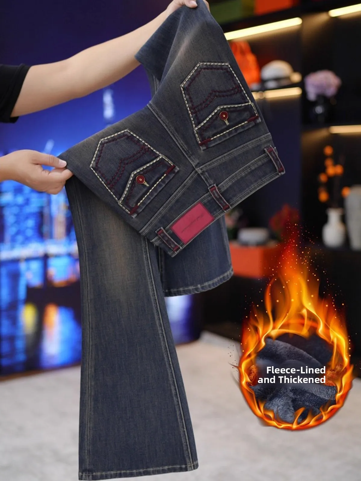 

High Waist Fce Lined Bell Bot Denim Jeans Women's Elastic Slimming Long Pants Vintage Sle ket Detail Zipper Closure