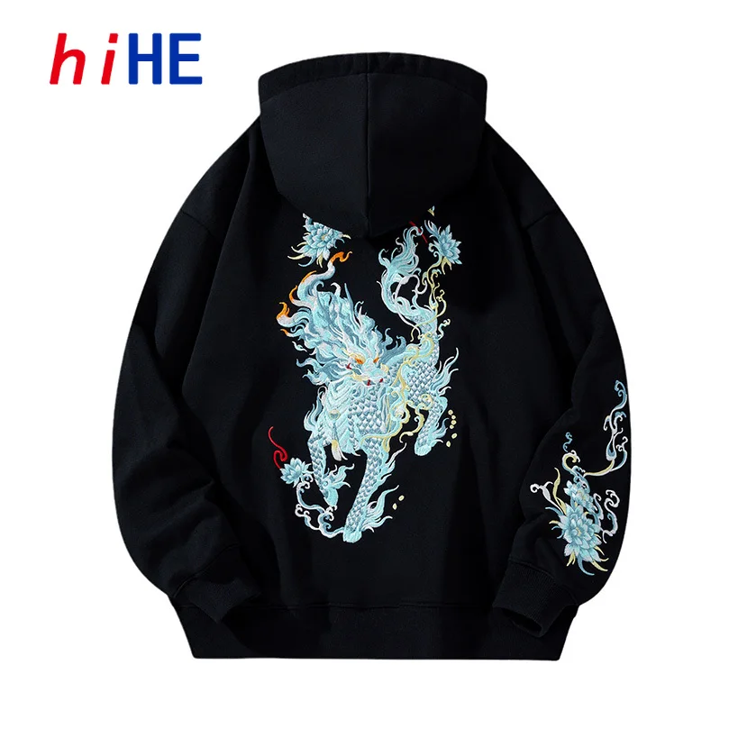 Qilin Embroidery Men's Hoodies and Sweatshirts Heavyweight Luxury Brand Clothes y2k Man Hooded Pull Couple Cotton Long SleeveA1