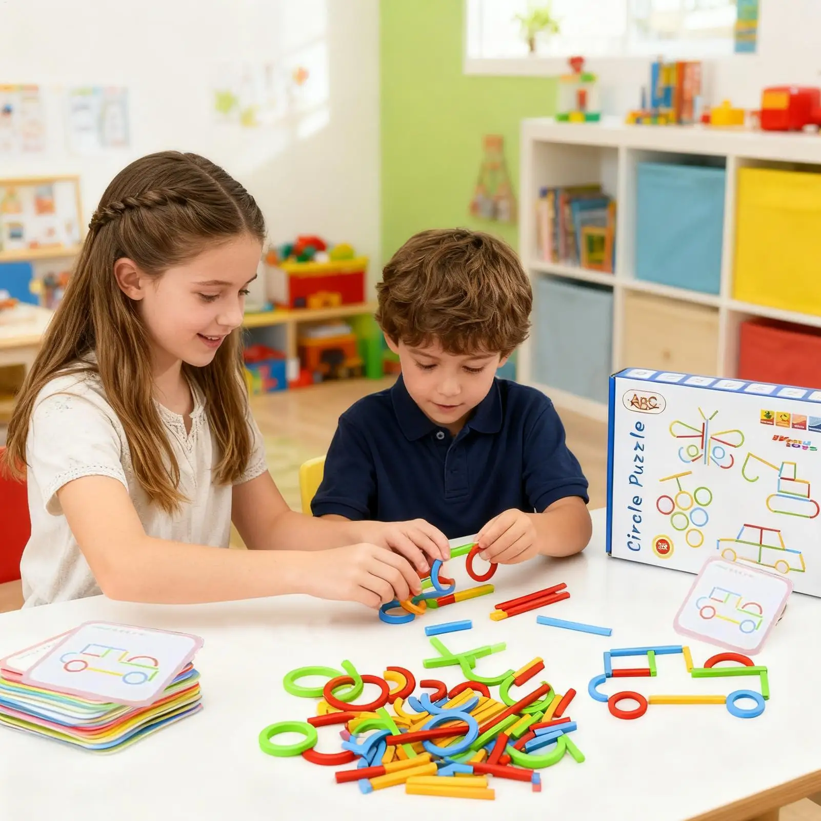 Pattern Blocks Wooden STEM Brain Teaser Rings Smart Sticks Learning Activities For Kids Boys Girls Travel Bedroom Homeschool