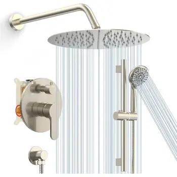 12-Inch Rain Shower System with High-Pressure Showerhead and 6-Spray Handheld Combo Set, Brushed Nickel Finish