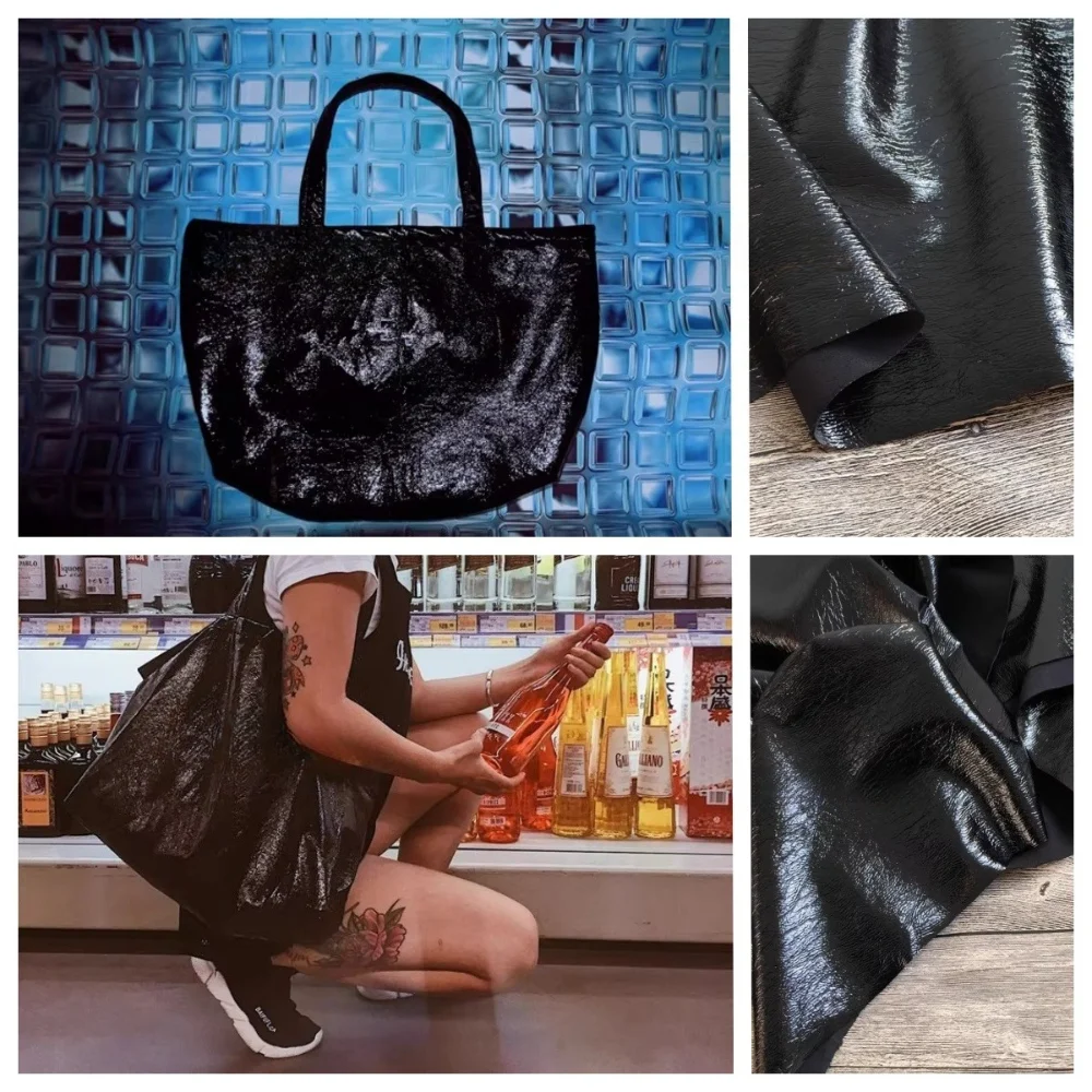 نسيج أسود نقي بو الجلود معطف جلد لامع مصمم النسيج القماش بالجملة بالمتر للخياطة Diy بها بنفسك المواد #1