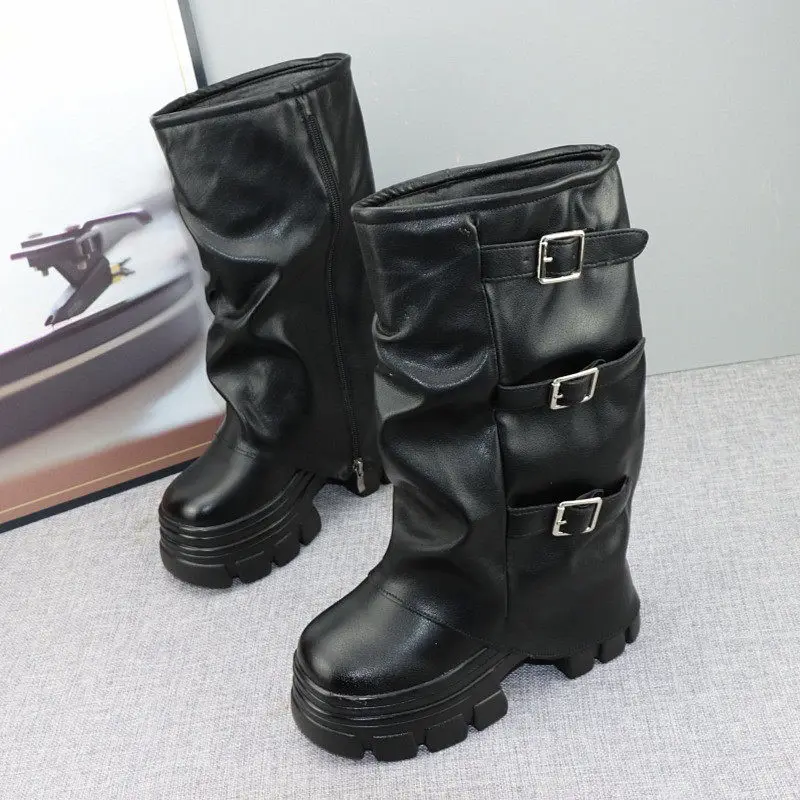 Autumn Winter 12CM Elevator Boots Thick Sole 10CM Height Increase Fashion Black Rider Boots with Detachable Cuffs
