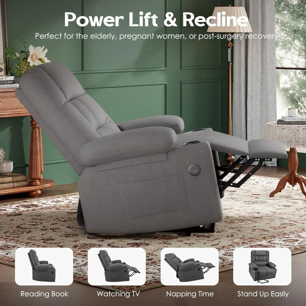 كرسي كرسي رفع كهربائي كبير الحجم مع تدليك، حرارة، منافذ USB لكبار السن الكبار والطويل