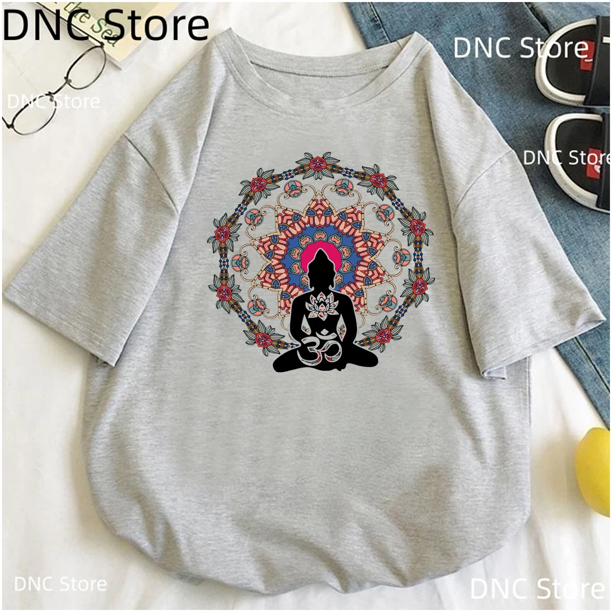 

Women’S Grey T-Shirt Buddha Mystic Butterfly Zen Yoga Meditation Print Tshirt Femme Fashion 90s Tshirt Harajuku Y2k Shirt Top