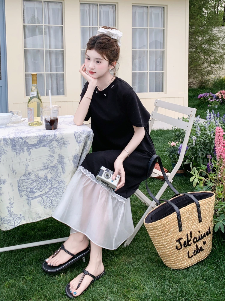 Bla ample décontracté femmes Dr été nouveau Unique beau t-shirt Dr taille haute ort Sve mi-longue jupe trapèze