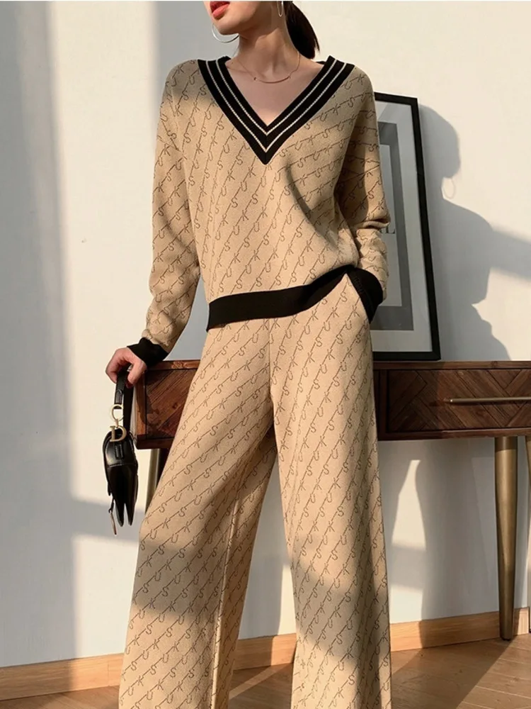 V-neck Sweater Suit Autumn New Style Temperament Letter Print Knitted Wide-leg Pants Two-piece Outfit Korean Women Sweat Sport