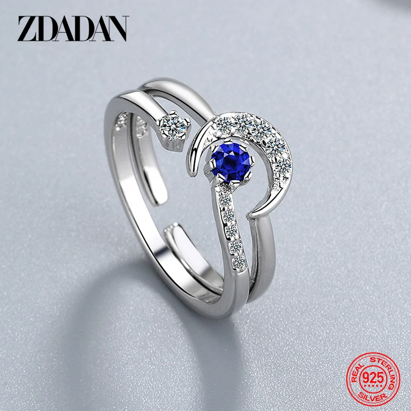 ZDADAN 2 Pcs 925 Sterling Silver Moon Blue CZ Ring For Women Fashion Jewelry