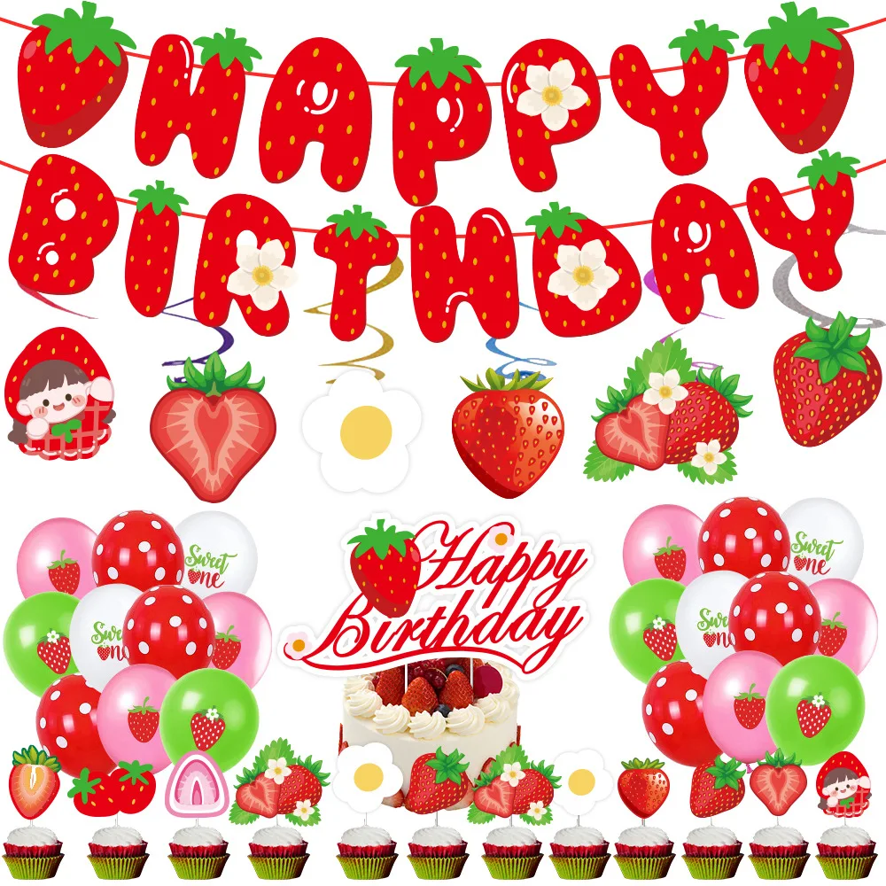 

Summer Fruit Strawberry Theme Party Decoration Strawberry Banner Spiral Pendants Cake Toppers Balloon Happy Kids Birthday Party