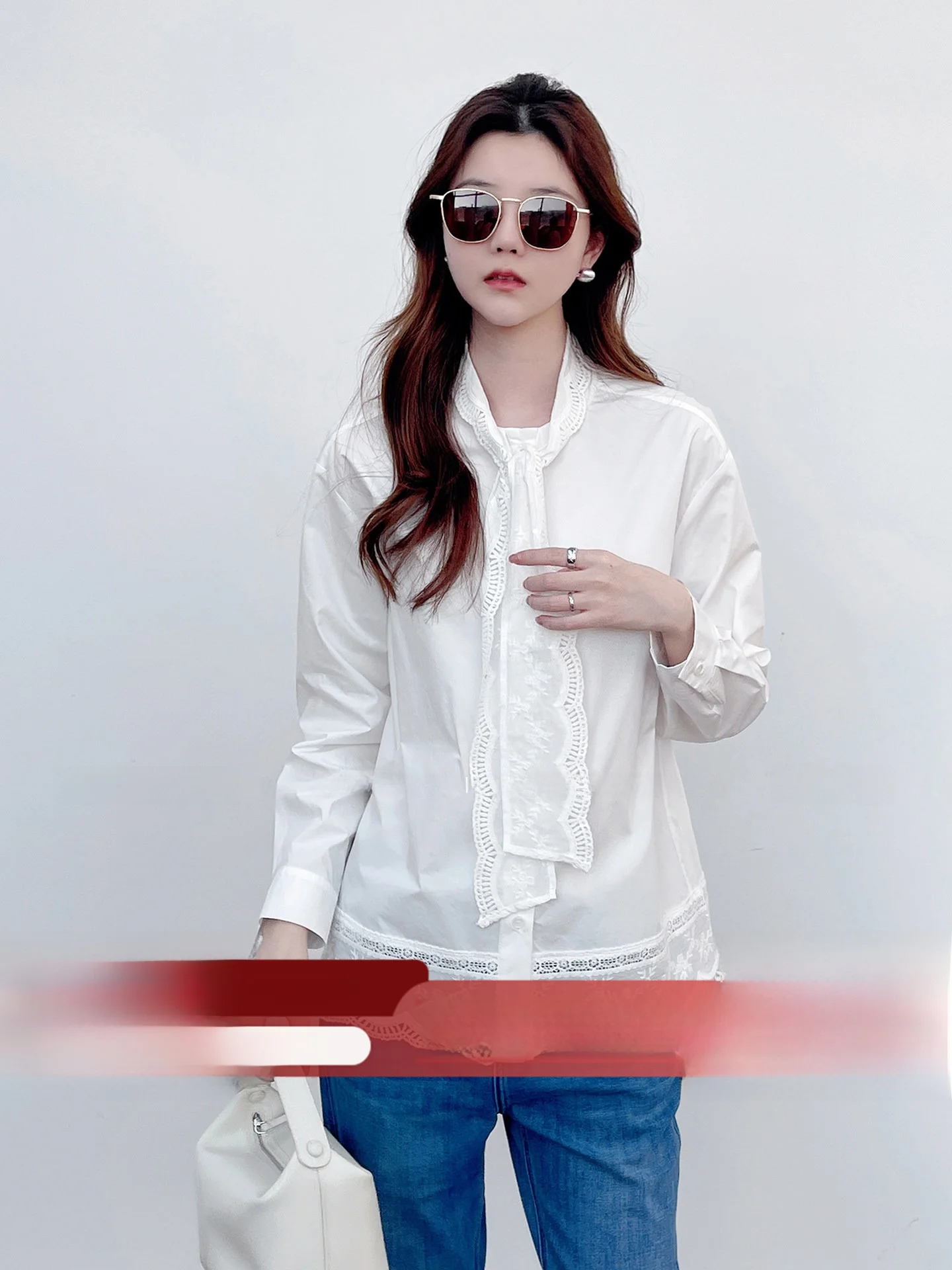 

Elegant Long Sleeve Shirt Han Shang Liang Pin Combed Cotton Handmade Lace Sash Early Spring New Style Women's Premium Shirt