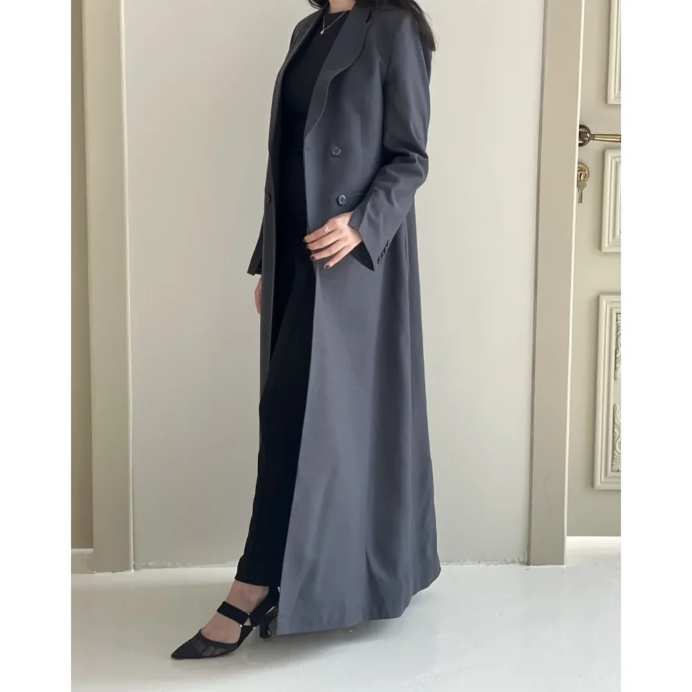 Fashion Gray Abaya Blazer 1 Piece Elegant Peak Lapel Double Breasted Long Coat Chic Office Lady Daily Casual Formal Women Jacket