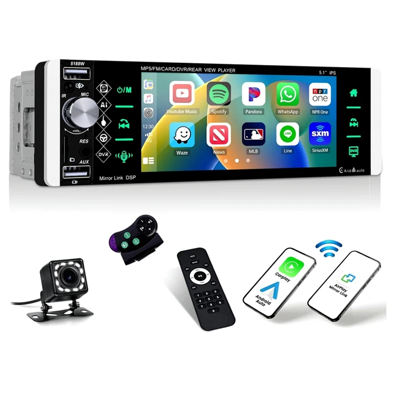 

Single Din Touchscreen Car Stereo Wireless Carplay Android Auto, 5.1 Inch Car Radio Bluetooth FM SWC USB Backup Camera