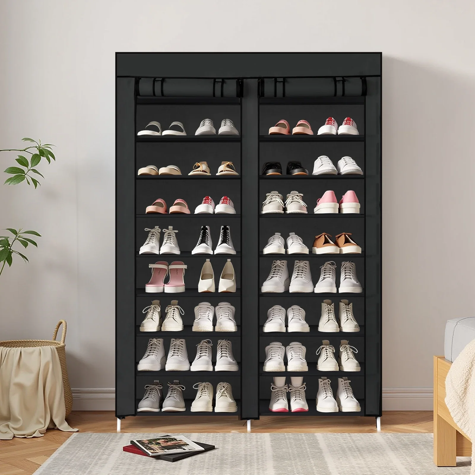 US STOCK FCH Double Row 10-Tier Non-Woven Fabric Shoe Cabinet with Iron Pipes and Plastic Components, Black