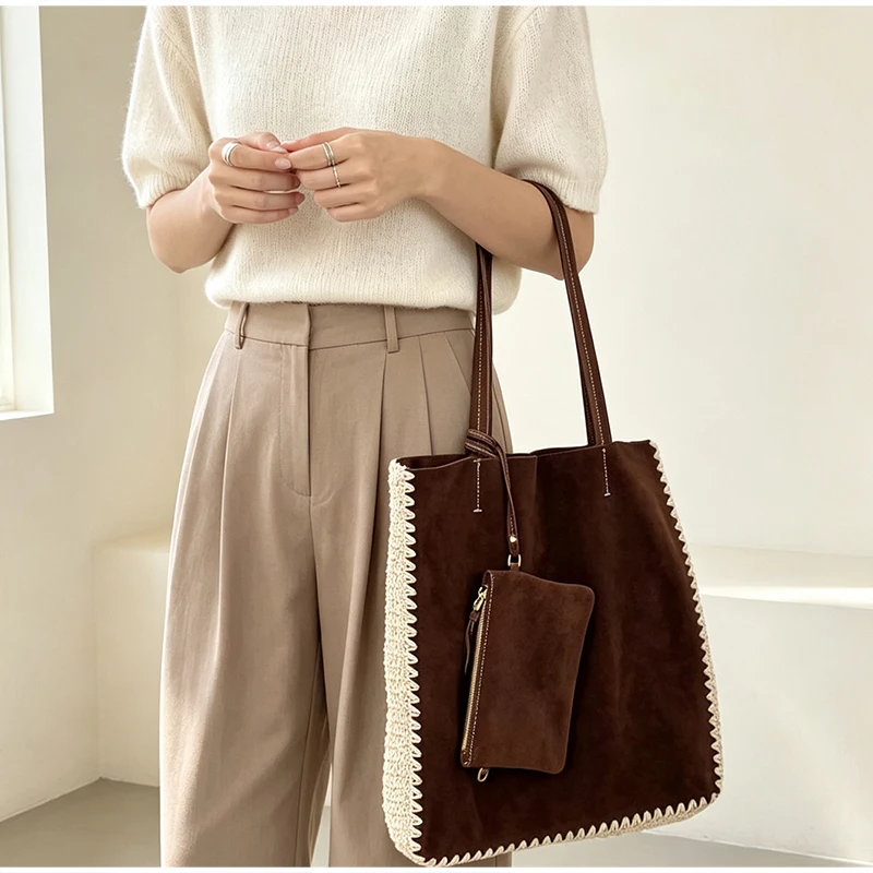 Vintage-Umhängetasche aus Kunstwildleder mit passendem Portemonnaie, Damenhandtasche mit Häkelspitzenbesatz, elegante Colorblock-Tragetasche für Herbst und Winter – Detail 24