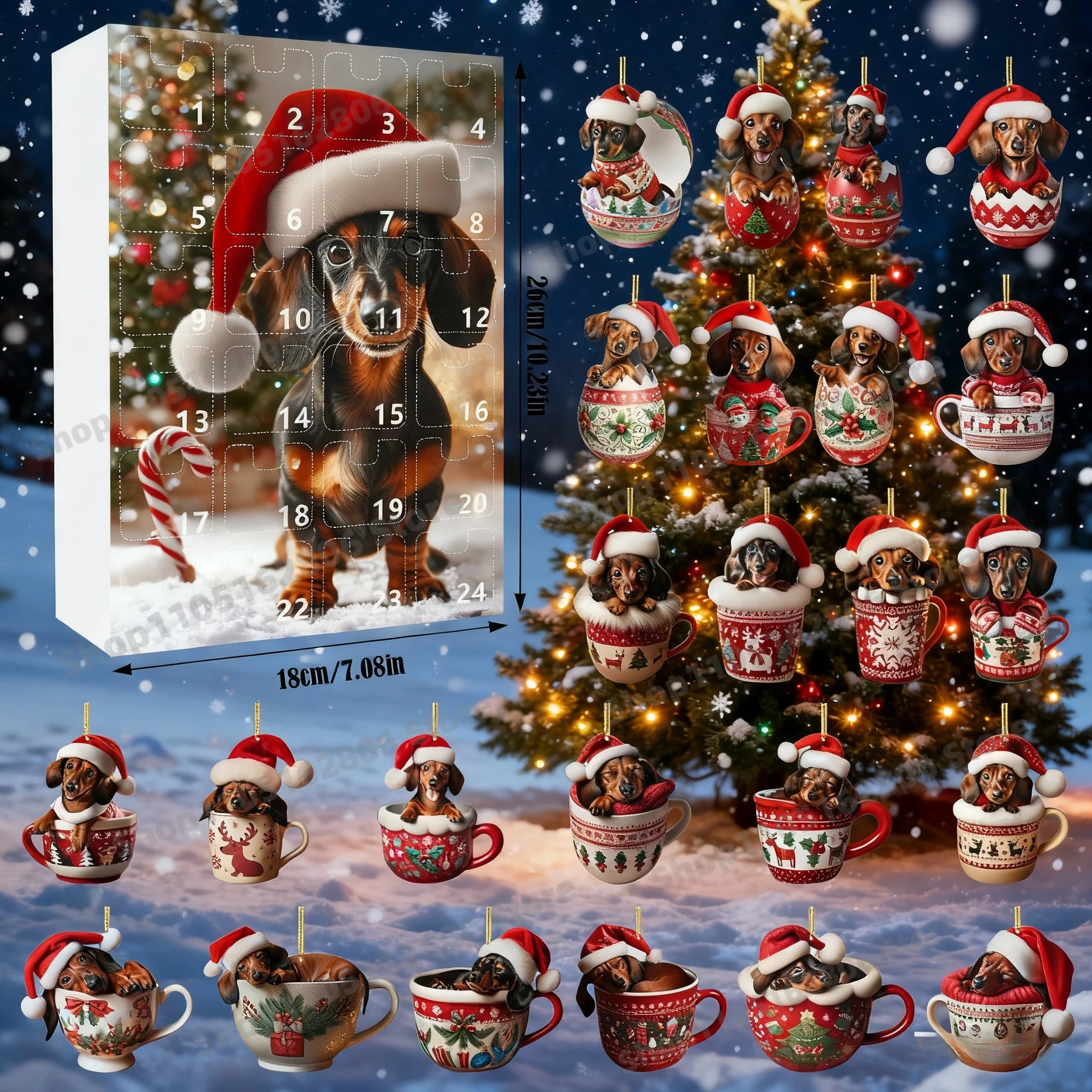 

2026 Dachshunds Advent Calendar 2D Acrylic Dachshunds Ornament Christmas Holiday Countdown Calendar Xmas Tree Hanging Pendants
