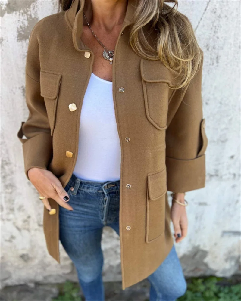 

Leisure Fashion Comfortable Stand Collar Buttoned Three-Quarter Sleeve Multi-Pocket Double-Faced Wool Solid Color Women's Coat