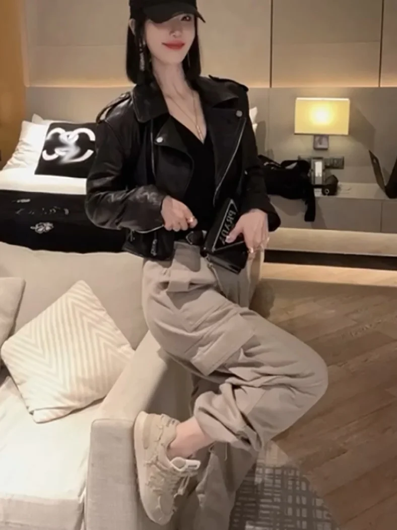 Faionable ort eepskin couro jaet feminino fino ajuste casaco de motociclista tamanho pequeno casaco outerwear ele sle outono 2025