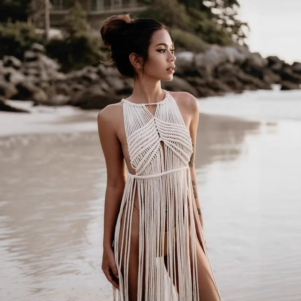 

Bohemian Crochet Women's Bikini Cover-up 2025 Summer Sleeveless Tassel Beach Dress Vacation Swimwear
