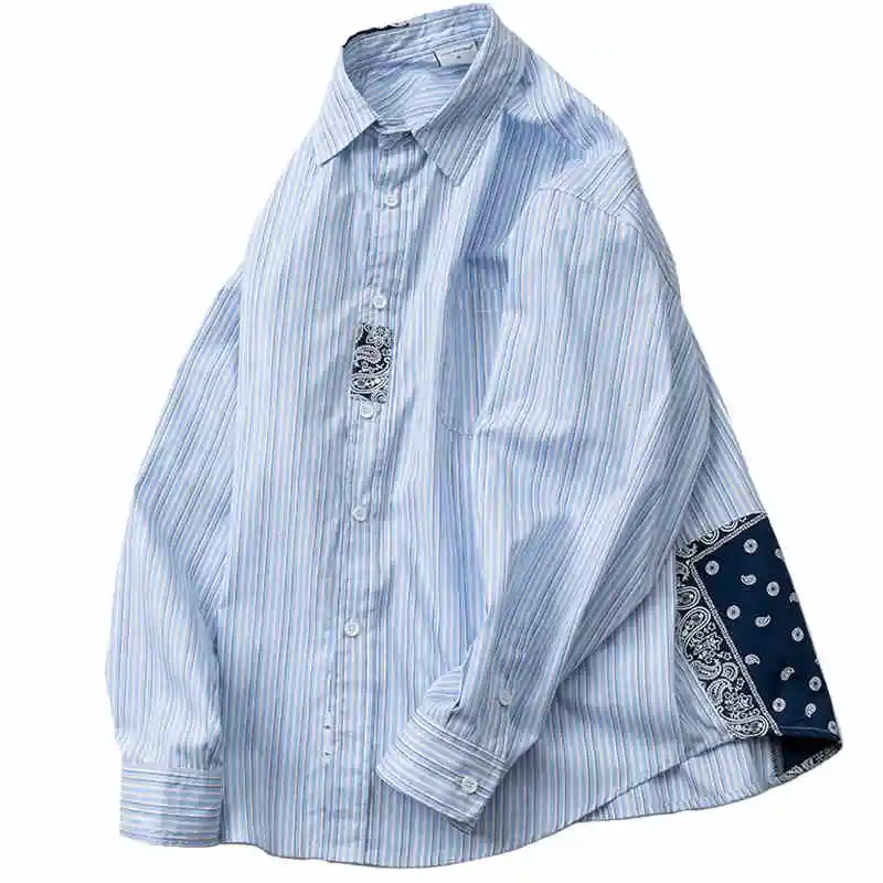 

Japanese Ethnic Style Cashew Flower Patchwork Contrasting Loose Casual Long Sleeved Shirt for Men and Women