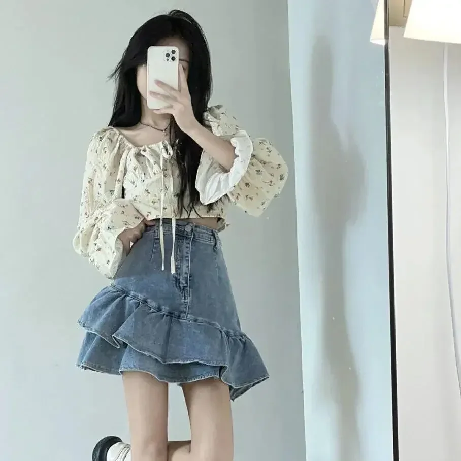 

NONSAR Summer Retro High Waist Ruffles Mermaid Skirt Sweet Spicy Denim Wrap Hip Short Skirt Casual All Match Mini Women's Skirts