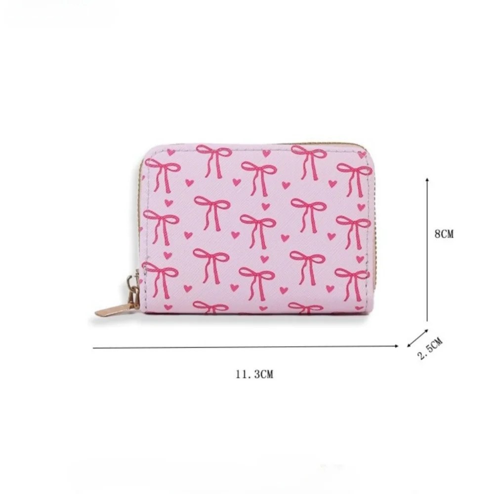 かわいいリボン付きカードホルダー PUレザー ジッパー付きミニコインパース 携帯用マルチスロットトラベルウォレット