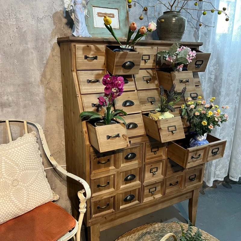 American rural pastoral style Japanese style solid wood multi-drawer porch dining side cabinet living