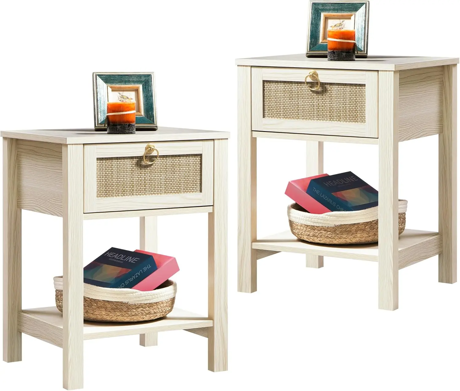 Conjunto de mesa de cabeceira branca de 2, gaveta de decoração de vime com botões de latão Mesa de cabeceira de madeira Mesas de cabeceira Boho Mesas laterais com S