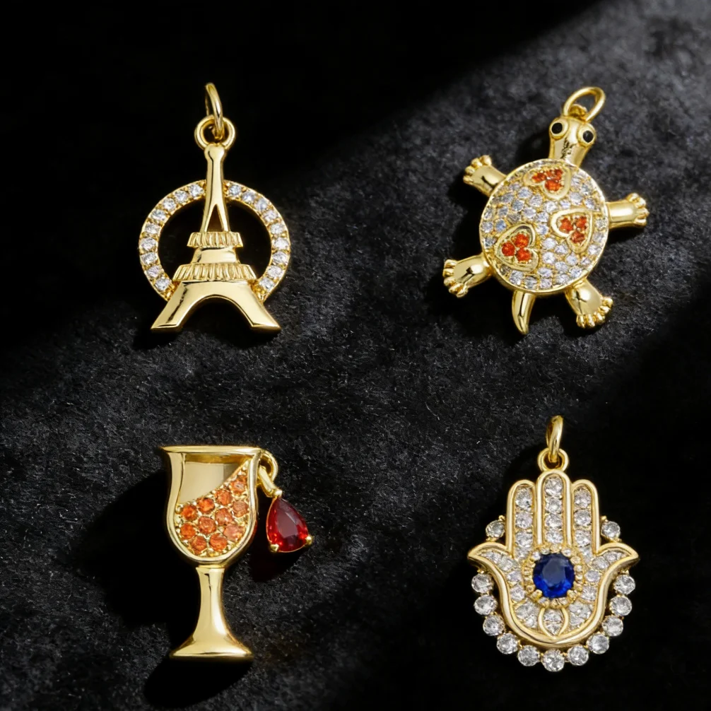 3Pcs Pendant Handmade Brass Zircon Wine Glass Hamsa Eiffel Tower Turtle Charm for DIY Jewelry Accessory Bracelet Necklace Making
