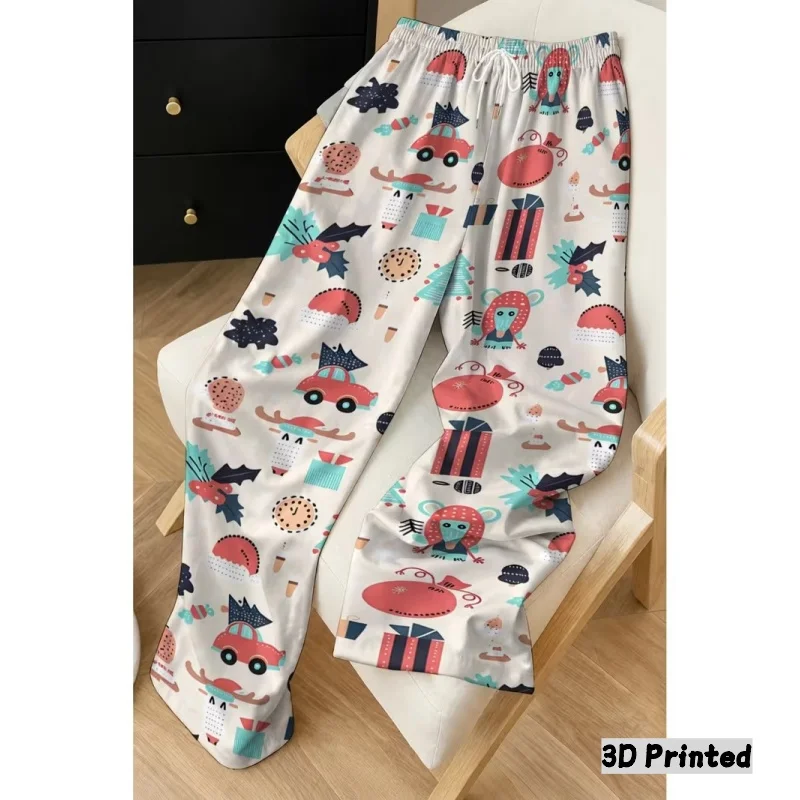 Ladies' autumn casual pocket drawstring elastic pants, Christmas deer Christmas elements holiday party pants