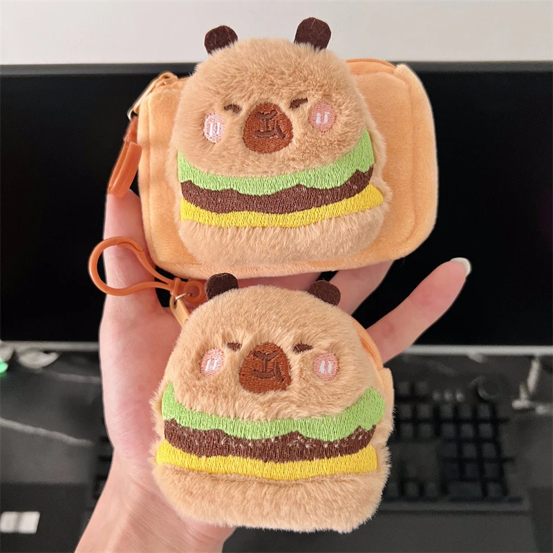 【Happy-Day】 Portamonete in peluche con capibara di Amburgo dei cartoni animati Simpatico sacchetto per il cambio dei soldi Mini sacchetto di immagazzinaggio per auricolari in peluche con portachiavi