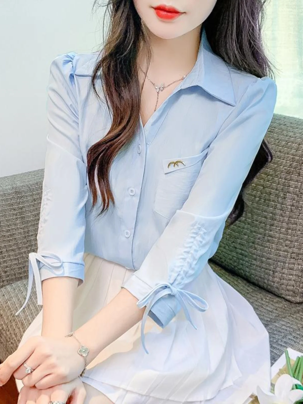 

Korean Sle Women's Casual Chiffon irt Knot Single Button Seven Sve Collar Spring Autumn Design Unique Top