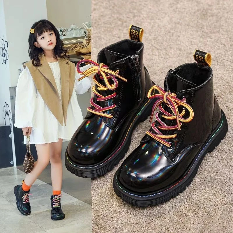 

Детские кожаные ботинки, модная хлопковая обувь на четыре сезона для мальчиков и девочек, ослепительные красочные детские короткие одинарные ботинки для детей 3-18 лет