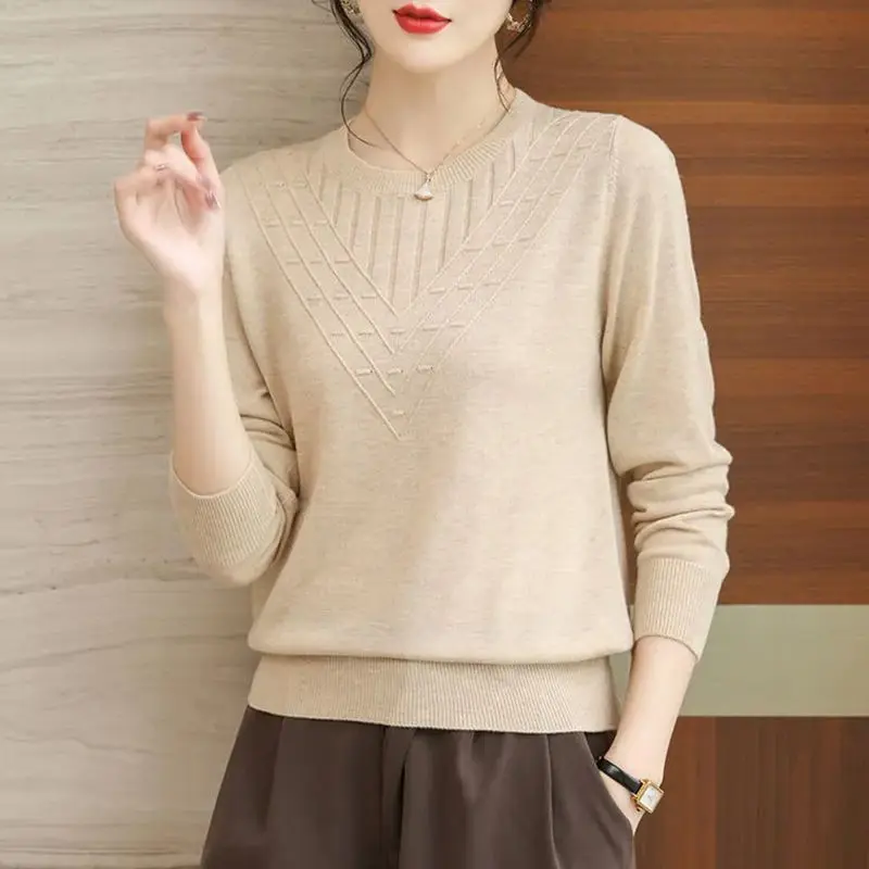 Round Neck Screw Thread Women\'s Clothing Autumn Winter Solid Color Pullover Sweater Knitted Elegant All-match Flattering Tops