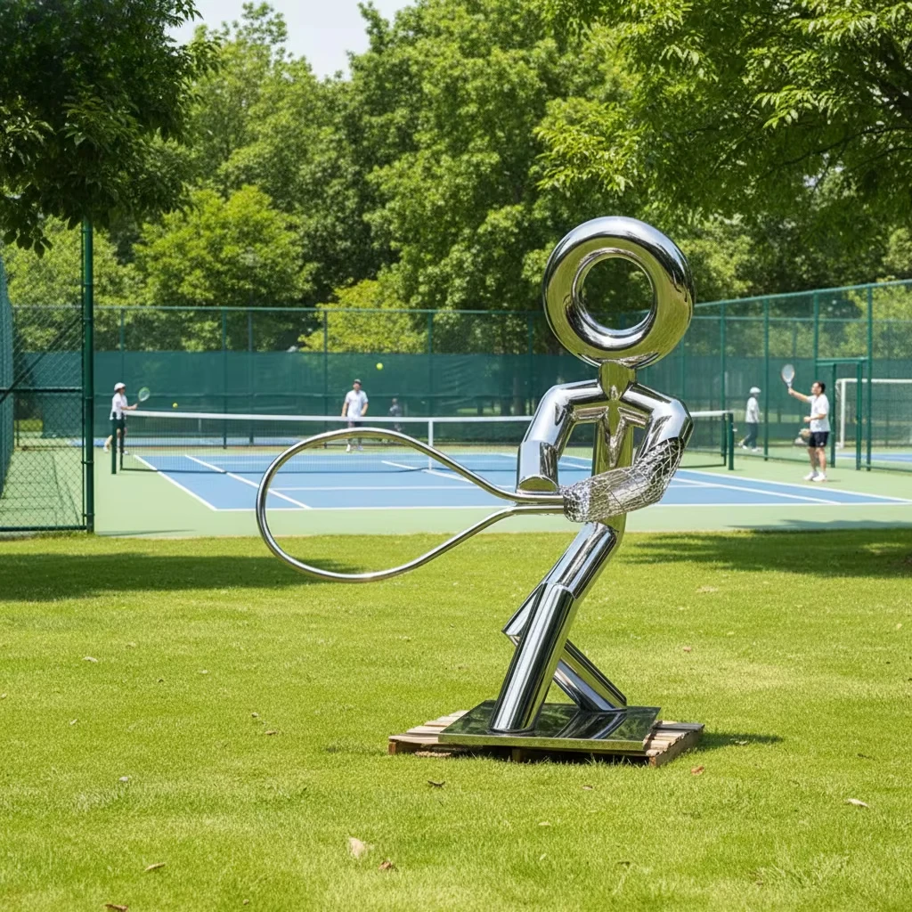 @#Modern Customizable Outdoor Decorative Mirror-Polished Abstract Tennis Sports Stainless Steel Figure Sculpture