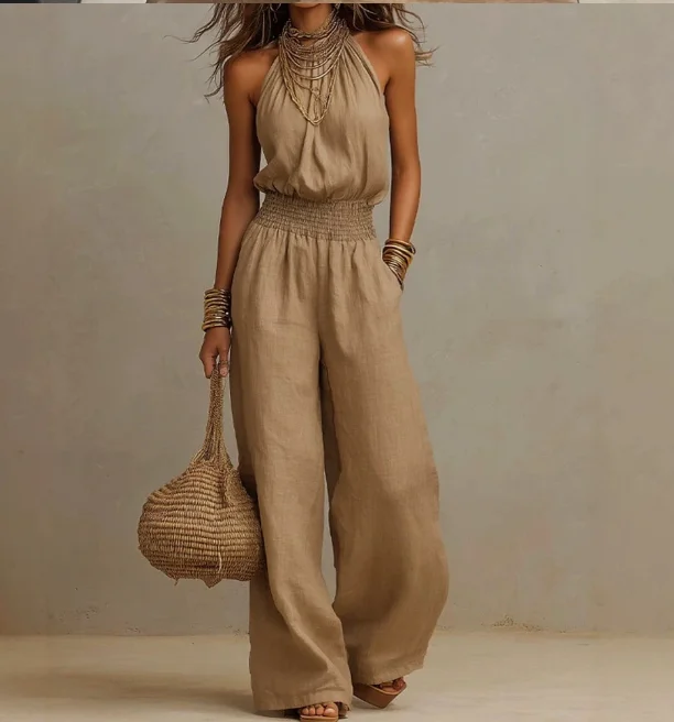 Jumpsuit Women 2026 Spring Summer New Solid Color Round Neck Backless Shirred Cinched Waist Sleeveless Casual Long Jumpsuit