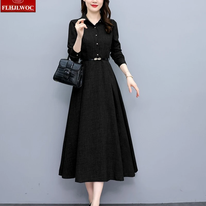 Cotton Linen Long Maxi Dresses Elegant Office Lady Women 2025 Autumn Long Sleeve Retro Vintage New Year Solid Red Shirt Dress